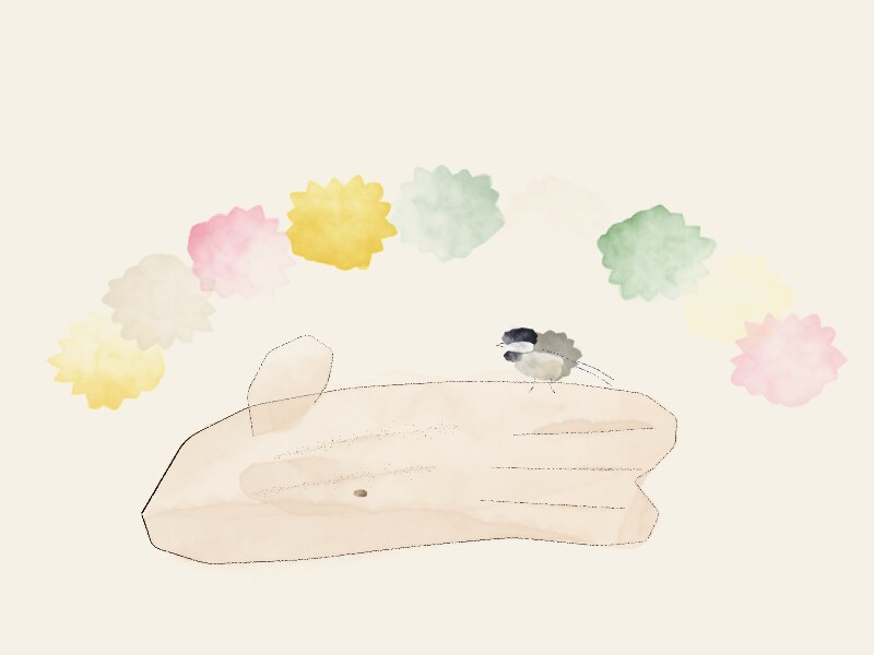 A chickadee standing on an open, upturned hand, drawn in ink and a pale skin wash, with nine soft color patches arched over it like a garland: gold, sand, pink, gold again, sage, cream, deep green, butter, blush.