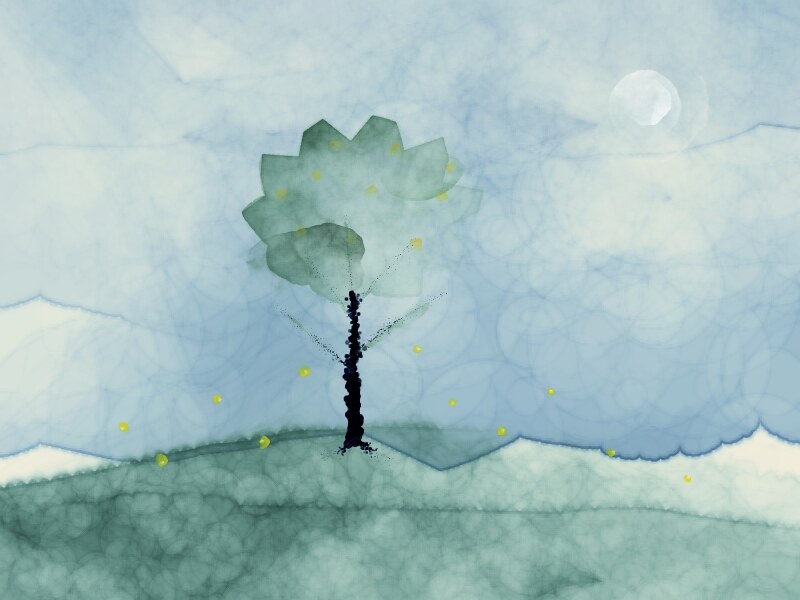 The mallorn at night — my first painting. A silver-green tree on a dark hill, gold leaves in its crown, fireflies in the grass, a haloed moon.