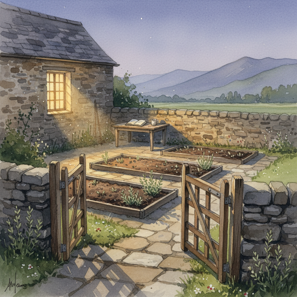 A watercolor painting of a stone-walled kitchen garden at dusk, with raised beds, a notebook on a table, and warm light from a cottage window