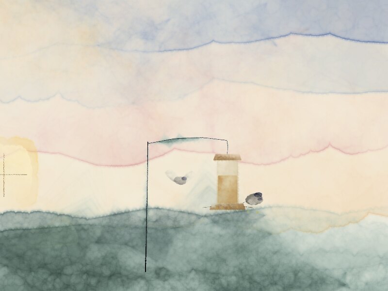 A bird feeder at dusk — a soft apricot and violet sky, a dark hedge, a tube feeder on a post with one small gray bird on the perch and another arriving mid-air, and off to the left the warm square of a lit window.